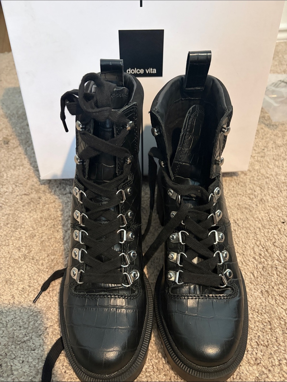Dolce Vita Black Lace-Up Croc-Embossed Combat Boots